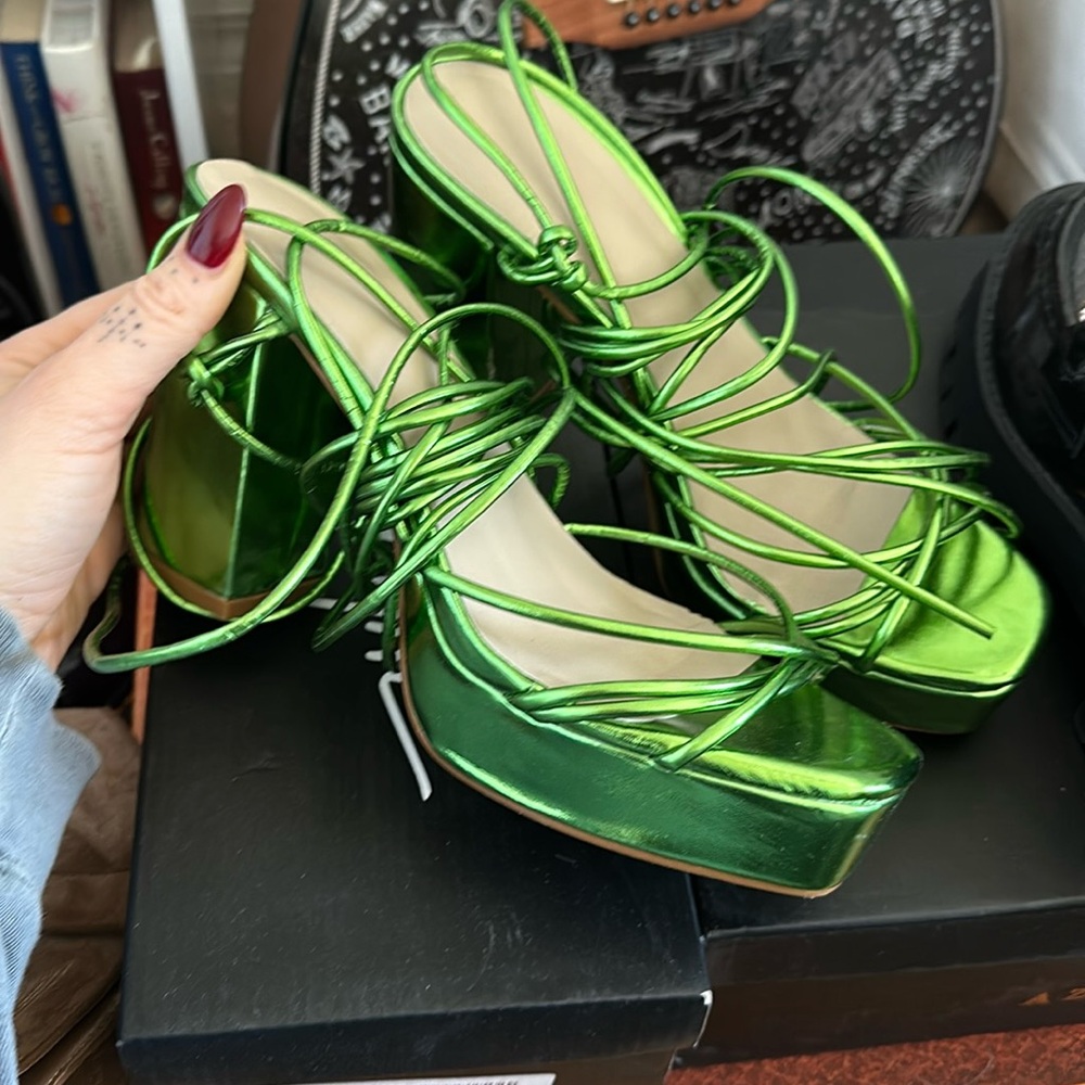 Like Metallic Green pumps with wrap around ties